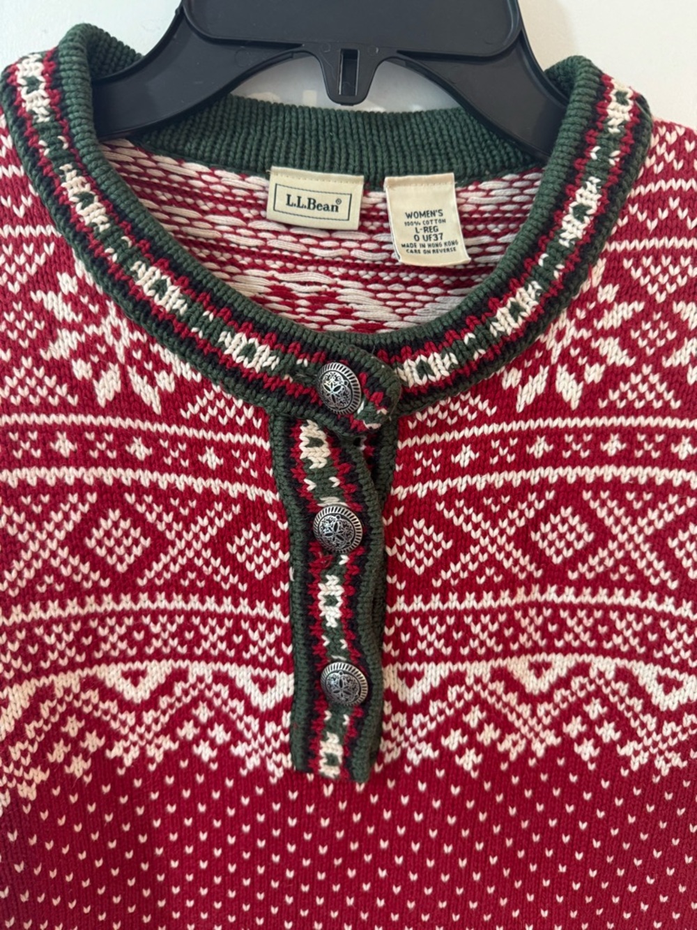 Vintage L.L. Bean Red and White Nordic Button-Front Sweater with Green Trim - Picture 2 of 3